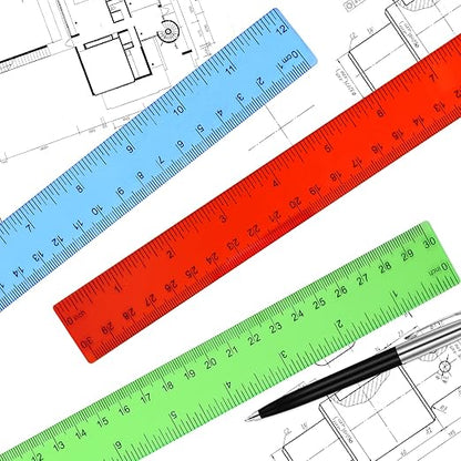 Clear Plastic Ruler 12 Inch Straight Rulers, Bulk Assorted Colors, Shatterproof Ruler with Inches and Centimeters for School Classroom, Home, or Office (8 Pack)