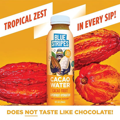 Blue Stripes Cacao Water - Cold Pressed Superfruit Hydration with Electrolytes & Antioxidants, No Sugar Added, All Natural, Great for Protein Shakes & Smoothies - Just Cacao, 6 Pack