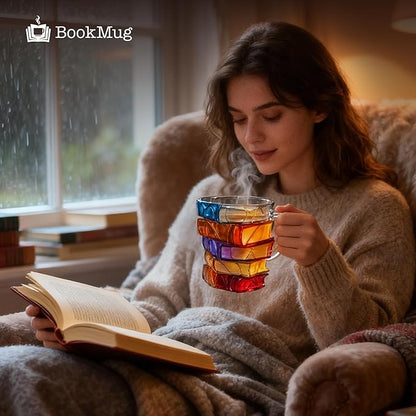 Chapter Book Mug Glass 3D Book Mugs Birthday Gift For Women Stained Glass Cups with Stack Design, Artistic Reading Coffee Cup, Unique Literary Friendship Gifts for Women, Friends & Readers
