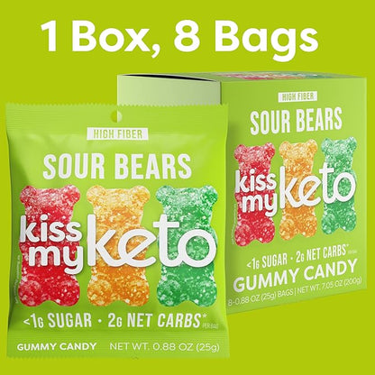 Kiss My Keto Sour Sugar Free Gummy Bears, 32-Pack – Satisfy Cravings while Staying in Ketosis – High Fiber, 6g Net Carbs, Non-GMO, Vegan, & No Gluten – Fruity Sugar Free Gummies