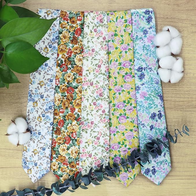 Cotton Floral Ties for Men 2.76" Men's Skinny Tie Linen Flower Printed Neck Tie for Wedding Dating Party