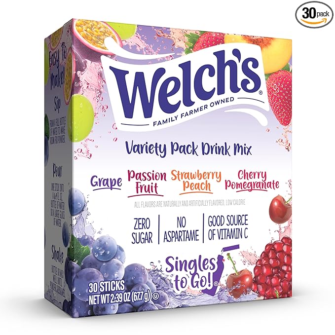 Welch's Singles To Go Variety Pack, Watertok Powdered Drink Mix, Includes 4 Flavors, Grape, Passion fruit, Strawberry Peach, Cherry Pomegranate, 1 Box (30 Servings)
