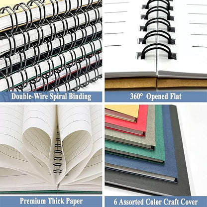 GINMLYDA Small Spiral Notebook 6Pack, 120 Lined Pages 8.25x5.50 Inches Spiral Journal Kraft Cover Notebooks & Writing Pads for School Home Office Aesthetic Sketch Drawing Note