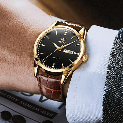 Men's Casual Leather Watch, Easy to Read Three-Hand Analog Stainless Steel Watches for Men, Minimalist Day Date Waterproof Luminous Mens Quartz Wristwatch