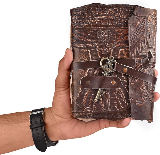 LEATHER VILLAGE Genuine Leather Handmade Journal for Men & Women – Vitruvian Man Embossed Cover – Key Closure – Book of Shadow – Vintage Deckle Edge Paper for Writing, Drawing – 7x5 Inches – Brown