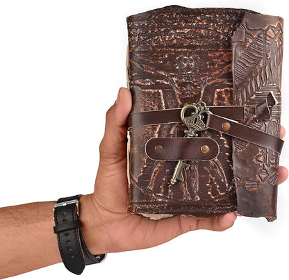 LEATHER VILLAGE Genuine Leather Handmade Journal for Men & Women – Vitruvian Man Embossed Cover – Key Closure – Book of Shadow – Vintage Deckle Edge Paper for Writing, Drawing – 7x5 Inches – Brown