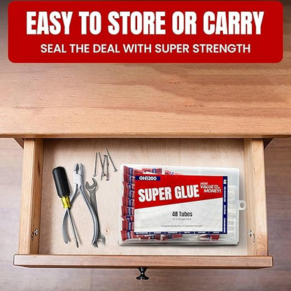 GH1200-1 Gram (Pack of 48) Single-Use Super Glue All Purpose, Super Fast, Thick & Strong Adhesive Superglue, Cyanoacrylate Glue for Hard Plastics, DIY Craft, Ceramics, Frame, Leather, Metal, Etc