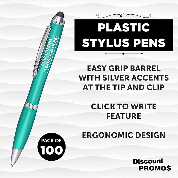 DISCOUNT PROMOS Custom Plastic Stylus Pens Set of 100, Personalized Bulk Pack - Black Ink, Great for Office, School, Business, Tradeshows, Events - Teal