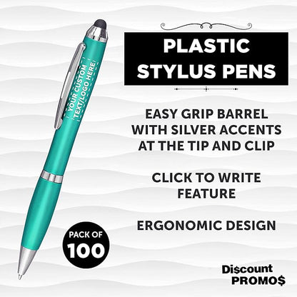 DISCOUNT PROMOS Custom Plastic Stylus Pens Set of 100, Personalized Bulk Pack - Black Ink, Great for Office, School, Business, Tradeshows, Events - Teal