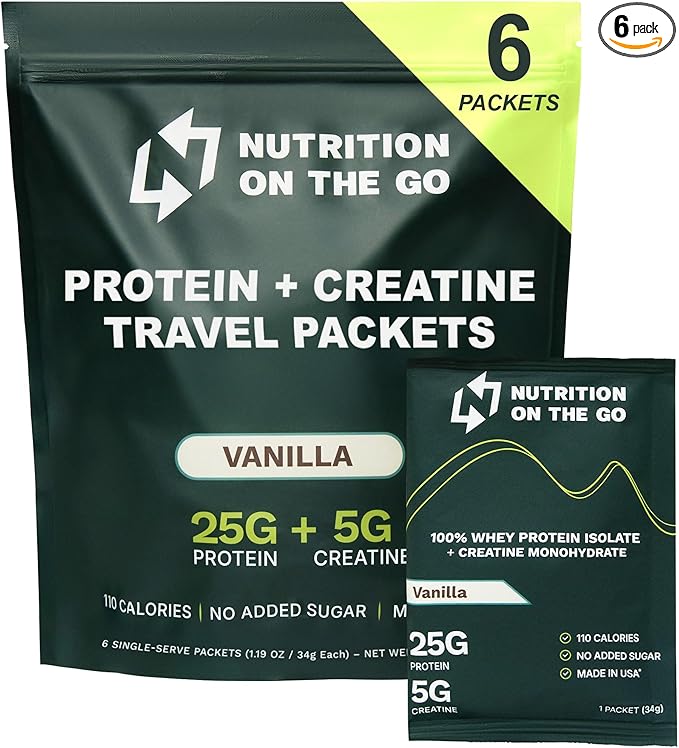 Nutrition On The Go Whey Protein Isolate Packets with Creatine – 25g Protein + 5g Creatine – Single-Serve Travel Protein Powder – Vanilla (6-Pack)