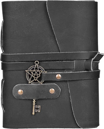 LEATHER VILLAGE Leather Bound Vintage Journal for Women & Men - 7"X5"(A7), Distressed Black, 200 Pages of Handmade Deckle Edges Watercolor Paper - Antique Lock Closure - Book of Shadow