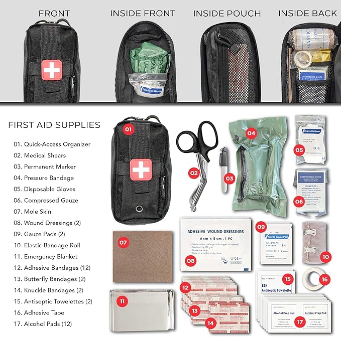 EPG Hiking First Aid Kit (IFAK) | 44 Piece | Compact Personal First Aid Kit | Backpacking, Camping, Emergency, Travel, Tactical, Go Bag, Bug Out Bag, 72 Hour Kit, Essentials, EDC, Survival IFAK - Red