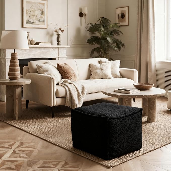 Square Boucle Pouf Ottoman Footrest – Soft & Lightweight Footstool with Foam Filling for Living Room & Bedroom, Laid-Back Lounge Style