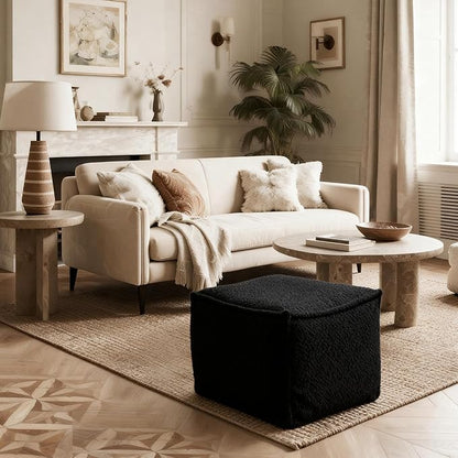 Square Boucle Pouf Ottoman Footrest – Soft & Lightweight Footstool with Foam Filling for Living Room & Bedroom, Laid-Back Lounge Style