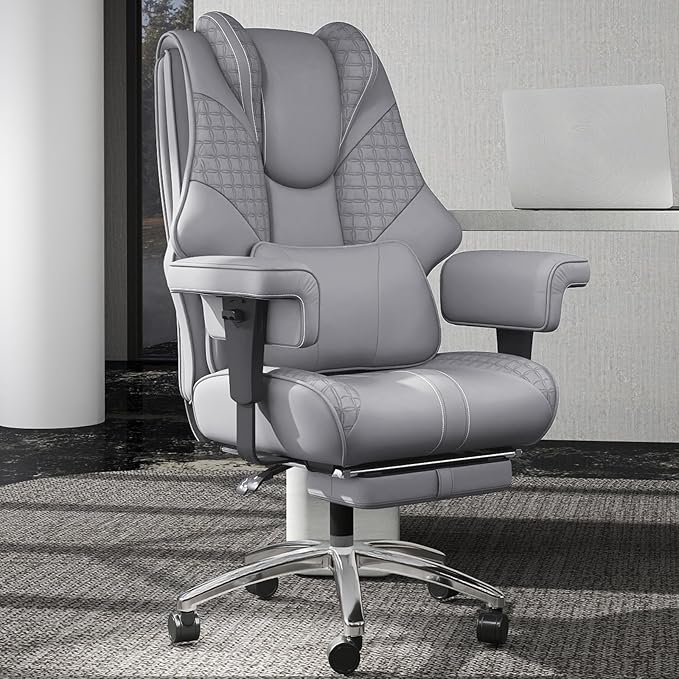 600LBS Big and Tall Office Chair, Oversized Leather Executive Chair with Foot Rest, Wide Ergonomic High-Back Reclining Computer Desk Chair for Heavy People with Lumbar Support and Rolling Wheels