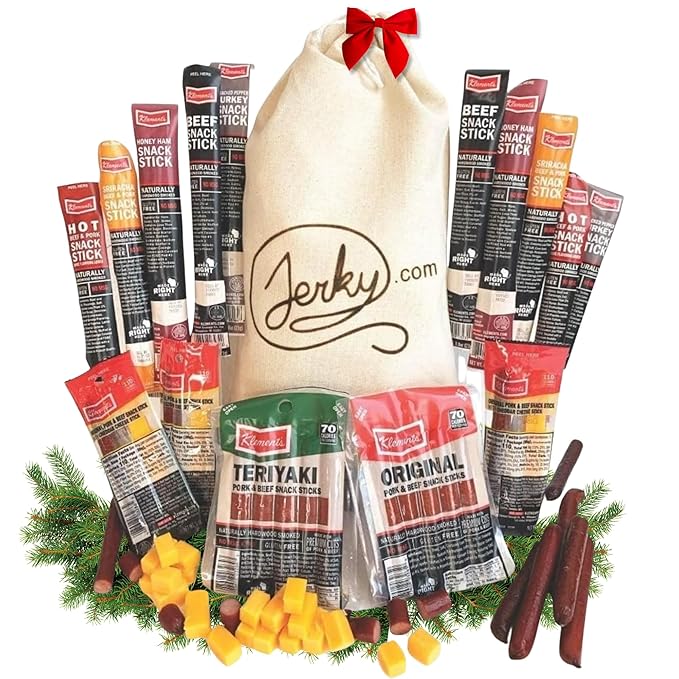 Jerky.com Gift Bag for Men | 26 Piece Meat Sticks Gift Basket with Beef Sticks, Pork, Turkey, Ham & Cheese Sticks | High Protein Snack Variety Pack | Christmas Gifts | Jerky Gifts for Men