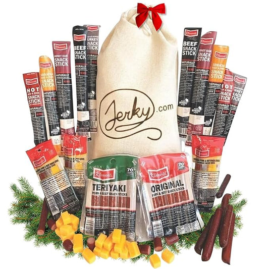 Jerky.com Gift Bag for Men | 26 Piece Meat Sticks Gift Basket with Beef Sticks, Pork, Turkey, Ham & Cheese Sticks | High Protein Snack Variety Pack | Christmas Gifts | Jerky Gifts for Men