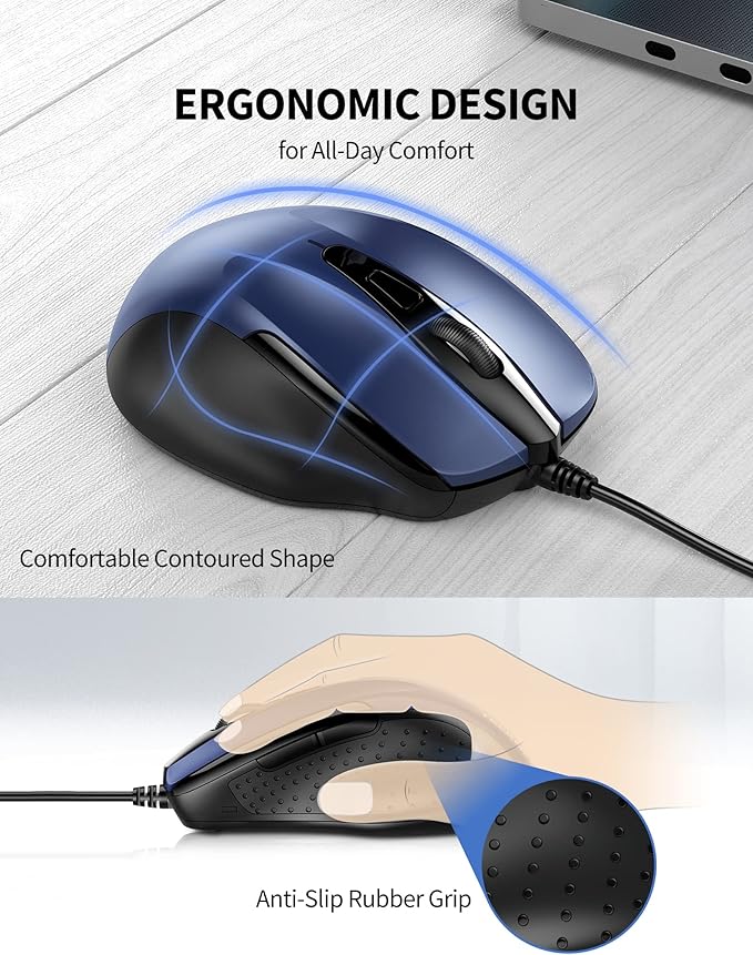 TECKNET USB Wired Mouse, 6-Button Corded Computer Mouse with 4 Adjustable DPI, Optical Computer Mice with Ergonomic Design and 5FT Cord for Laptop, Chromebook, PC, Desktop, Mac, Notebook-Blue