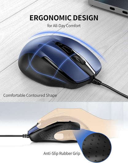 TECKNET USB Wired Mouse, 6-Button Corded Computer Mouse with 4 Adjustable DPI, Optical Computer Mice with Ergonomic Design and 5FT Cord for Laptop, Chromebook, PC, Desktop, Mac, Notebook-Blue