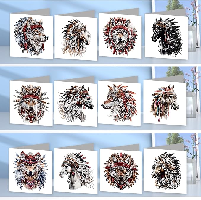 jinglinhh 12pcs Diamond Art Painting Indian Wolf Horse Greeting Cards with Envelopes, DIY Card Making Kits for Adults, Diamond Art Postcards Christmas Cards Craft Gifts