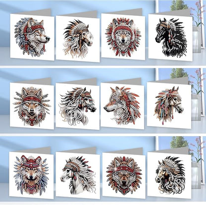 jinglinhh 12pcs Diamond Art Painting Indian Wolf Horse Greeting Cards with Envelopes, DIY Card Making Kits for Adults, Diamond Art Postcards Christmas Cards Craft Gifts