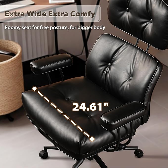 HOOOWOOO Ergonomic Office Chair,Mid Century Modern Computer Desk Chair,Comfy Executive Chair with Extra Wide Tufted Cloudy Seat Lumbar Support High Reclining Back,PU Leather Black