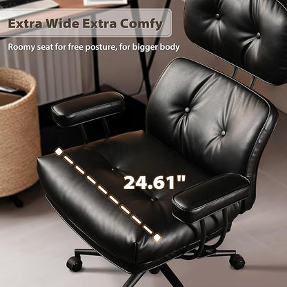HOOOWOOO Ergonomic Office Chair,Mid Century Modern Computer Desk Chair,Comfy Executive Chair with Extra Wide Tufted Cloudy Seat Lumbar Support High Reclining Back,PU Leather Black