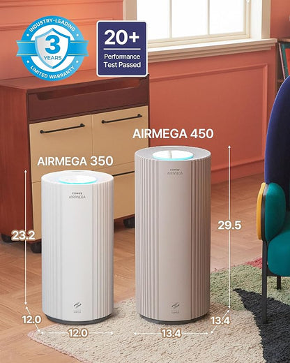 COWAY Air Purifiers for Large Room Whole Home Up to 2,640 ft², True HEPA Filter for Smoke, Allergies, Pet Dander, Odor, PM 10 AQI, Turbo Eco Mode, Timer, Energy Star, 3yr Warranty, Airmega 350 White