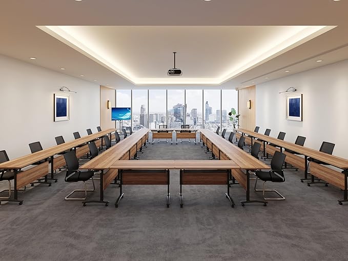 Conference Room Table, 55 Inch Folding Conference Tables with Wheels, Modern Office Meeting Table, Easy Flip & Nest Design, Rectangular Seminar Tables with Metal Frame for 2-24 People (I, 6PCS)