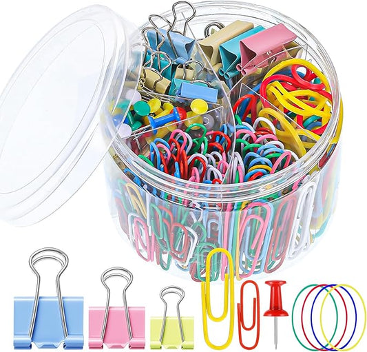 350 Pcs Paper Clips Binder Clips Assorted Sizes, Colored Office Clips Set Paperclips Paper Clamps Rubber Bands Push Pins for Office and School Supplies