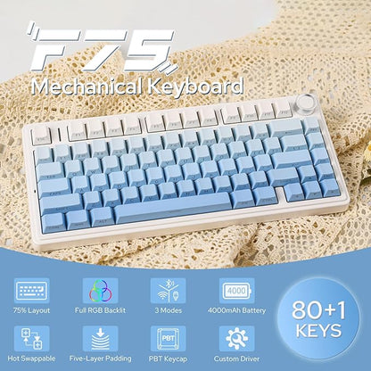 EPOMAKER x Aula F75 Gasket Mechanical Keyboard, 75% Wireless Hot Swappable Gaming Keyboard with Five-Layer Padding&Knob, Bluetooth/2.4GHz/USB-C, RGB (Blue Gradient, LEOBOG Reaper Switch)