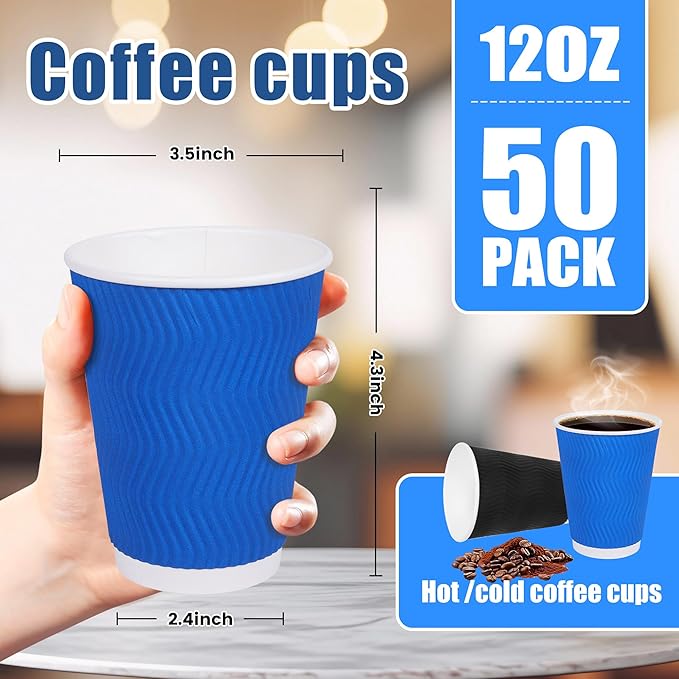 12 oz Disposable Paper Coffee Cups - 50 Pack, 12 oz Insulated Hot Cups With Corrugated Wall, Leak-Resistant Paper Cups for Home & Commercial Use (2 Color Pack - Blue, Black)
