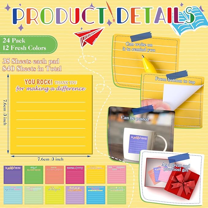 Yinder 12 Pcs Employee Appreciation Sticky Notes Xmas Gift Bulk Motivation Note Pads Mini Inspirational Note Gift for Teacher Nurse Staff Coworker Office Supply 3 x 3'' (Appreciation,Dark Color)
