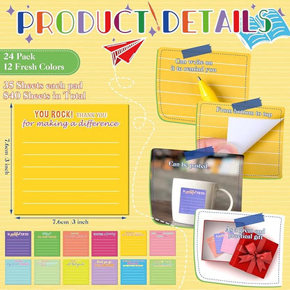 Yinder 48 Pcs Employee Appreciation Sticky Notes Xmas Gift Bulk Motivation Note Pads Mini Inspirational Note Gift for Teacher Nurse Staff Coworker Office Supply 3 x 3'' (Appreciation,Classic Color)