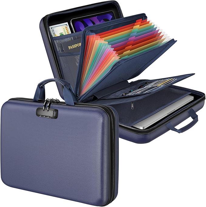 Fireproof Document Organizer with Lock, File Organizer Safe Box Fireproof Waterproof, Hard Shell Fire Proof Document Bag with 13 Pocket Accordion File Folders, Home Storage Office Organization