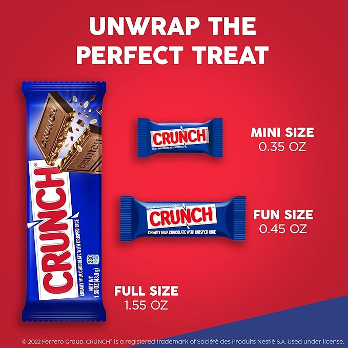 CRUNCH, Bulk 12 Pack, Milk Chocolate and Crisped Rice, Full Size Holiday Candy Bars, Stocking Stuffers, Individually Wrapped, 52.8 oz