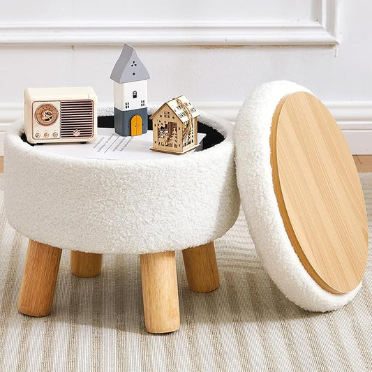 Small Foot Stool Ottoman with Storage, Sherpa Ottoman Foot Rest for Couch, Round Footstool with Storage, Small Ottomans and Footstools for Living Room and Entryway (White)