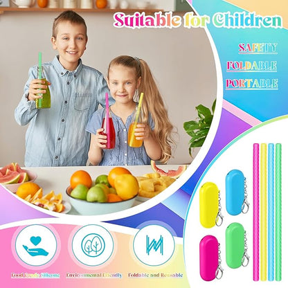 Meanplan 4 Sets Cruise Ship Essentials,4 Set Silicone Straws with Case Reusable Silicone Portable Drinking Straw Set for Party Travel Cold or Hot with 4 Carry Case, 4 Cleaning Brushes (Neon Colors)