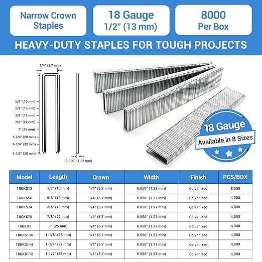 Meite 18 Gauge 1/4-Inch Narrow Crown Staples, 1/2-Inch Length Heavy Duty Galvanized Upholstery Staple for Electric or Pneumatic Guns (10 Boxes)