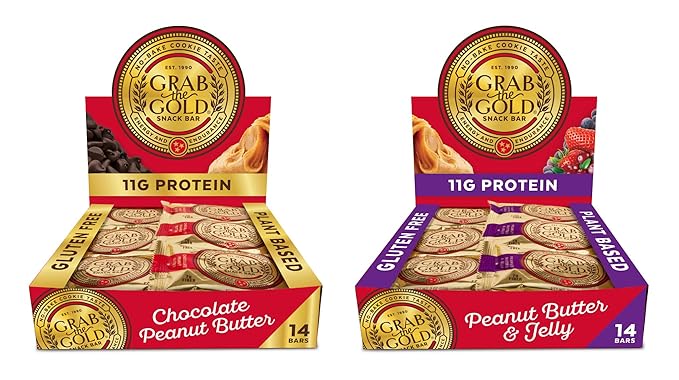 Grab The Gold Protein Snack Bar Bundle | Plant-Based Protein, Gluten-Free, Vegan, Dairy-Free, Kosher | 28 Count Variety Pack 14 Chocolate Peanut Butter & 14 Peanut Butter & Jelly