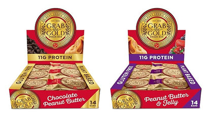 Grab The Gold Protein Snack Bar Bundle | Plant-Based Protein, Gluten-Free, Vegan, Dairy-Free, Kosher | 28 Count Variety Pack 14 Chocolate Peanut Butter & 14 Peanut Butter & Jelly