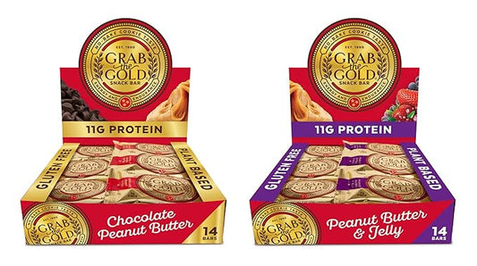 Grab The Gold Protein Snack Bar Bundle | Plant-Based Protein, Gluten-Free, Vegan, Dairy-Free, Kosher | 28 Count Variety Pack 14 Chocolate Peanut Butter & 14 Peanut Butter & Jelly