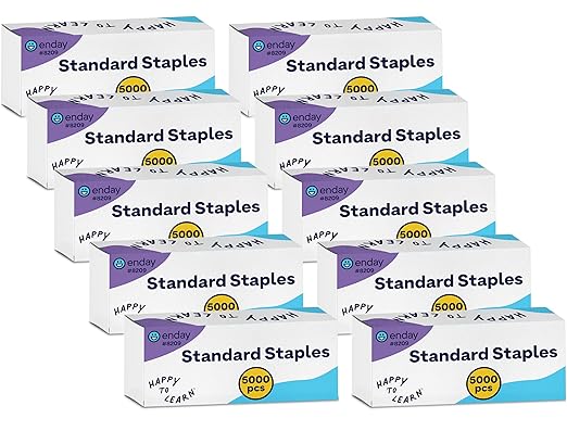 50,000 Standard Staples - 1/4 Inch Length, 210 per Strip, Jam-Free Chisel Point, Staples for Stapler, Replacement, Fits Standard Staplers, 10 Boxes of 5,000 Each, by enday