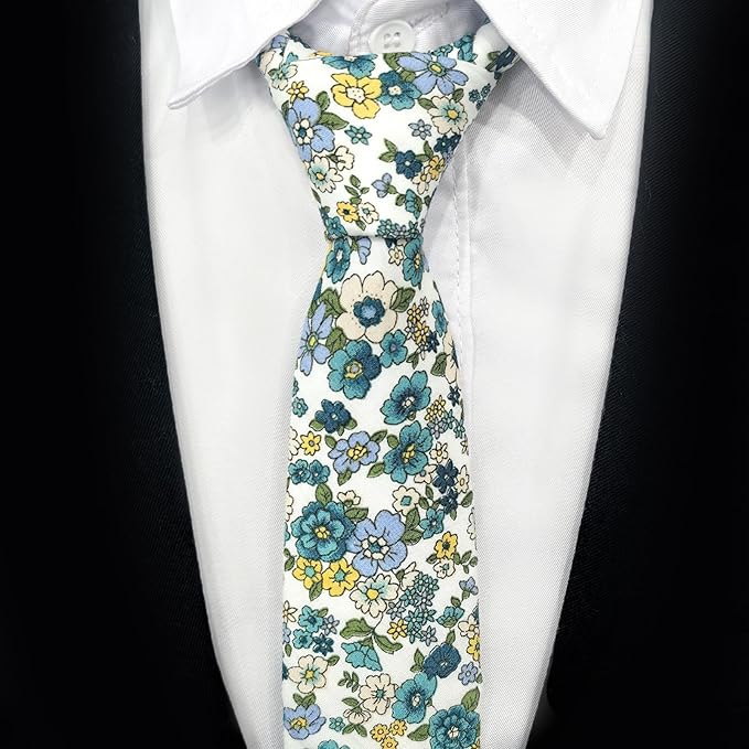 Cotton Floral Ties for Men 2.76" Men's Skinny Tie Linen Flower Printed Neck Tie for Wedding Dating Party