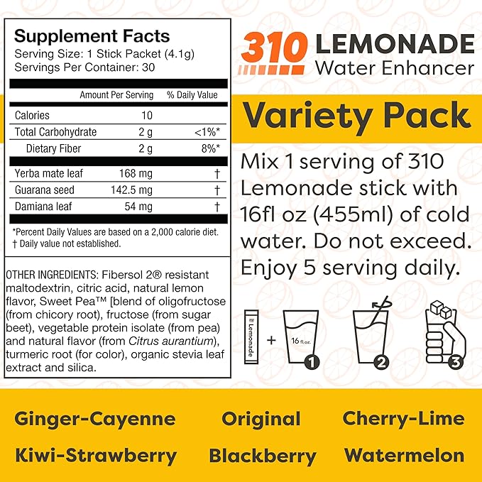 310 Nutrition Lemonade Sugar-Free Water Flavoring Packets - Powdered Drink Mixes & Flavorings with Alkalizing Minerals - Water Enhancer Packets for Energy & Instant Hydration - Variety 30 Singles