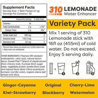 310 Nutrition Lemonade Sugar-Free Water Flavoring Packets - Powdered Drink Mixes & Flavorings with Alkalizing Minerals - Water Enhancer Packets for Energy & Instant Hydration - Variety 30 Singles