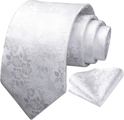 HISDERN Men Floral Ties Woven Classic 3.4" Necktie Set Formal Tie Pocket Square for Wedding with Handkerchief Gift Box