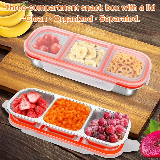 4 Pack Stainless Steel Snack Containers, 3 Compartment Metal Snack Container with Lids, Stackable Leak Proof Lunch Box for Home, Camping, Office,Work(3 Grid Lunch Box)
