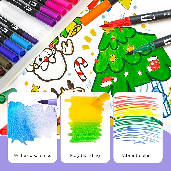 Artecho 24 Colors Markers for Adult Coloring Books, Dual Tip Markers for School, Fine and Brush Tip for Adults Coloring Books, Calligraphy, Drawing, Sketching