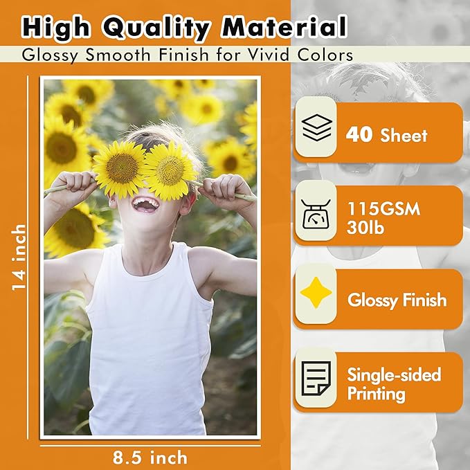 Glossy Inkjet Printer Paper Legal Size 8.5X14 Inch 30LB for Inkjet Printers Dye Ink for Brochure Flyer 40sheets 115GSM